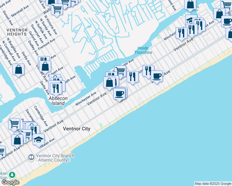 map of restaurants, bars, coffee shops, grocery stores, and more near 14 South Weymouth Avenue in Ventnor City