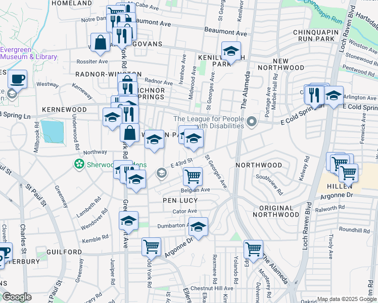 map of restaurants, bars, coffee shops, grocery stores, and more near 820 East 43rd Street in Baltimore