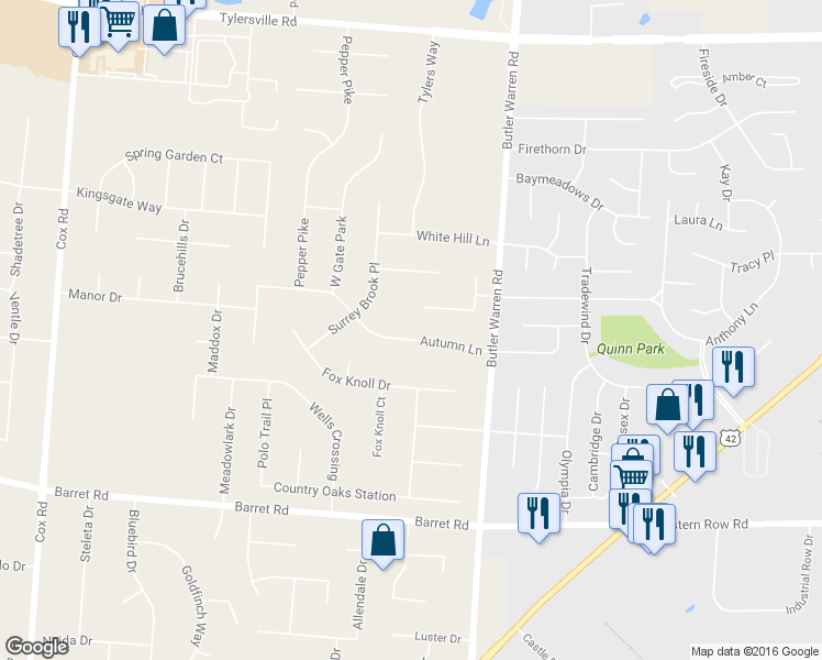 map of restaurants, bars, coffee shops, grocery stores, and more near 8184 Autumn Lane in Butler County