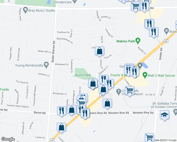 map of restaurants, bars, coffee shops, grocery stores, and more near 1295 Anthony Lane in Mason