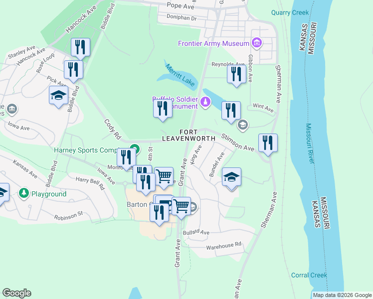 map of restaurants, bars, coffee shops, grocery stores, and more near Grant Avenue in Leavenworth
