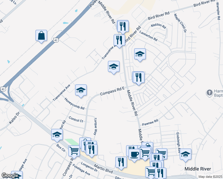 map of restaurants, bars, coffee shops, grocery stores, and more near 554 Compass Road East in Middle River
