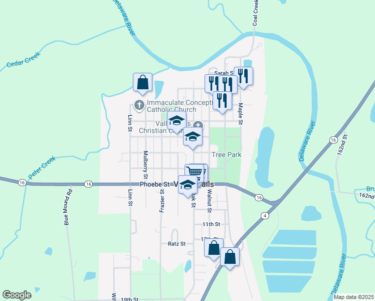 map of restaurants, bars, coffee shops, grocery stores, and more near 601 Elm Street in Valley Falls
