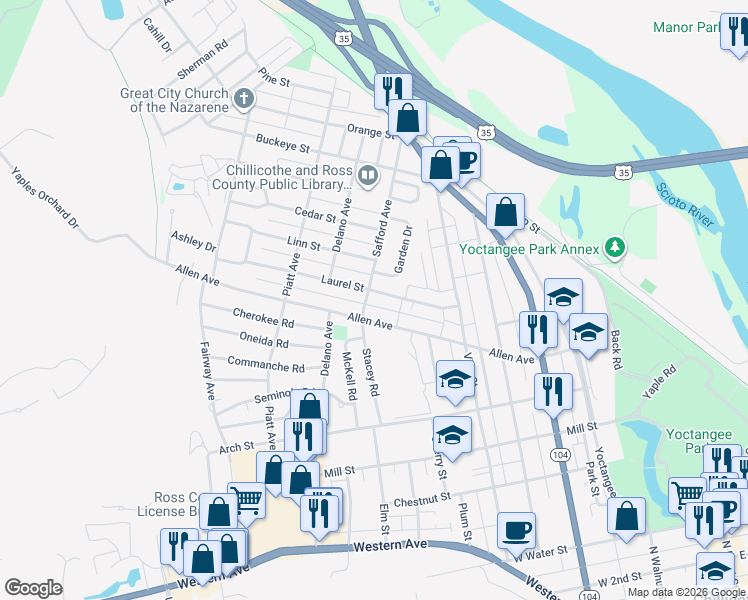 map of restaurants, bars, coffee shops, grocery stores, and more near 507 Laurel Street in Chillicothe