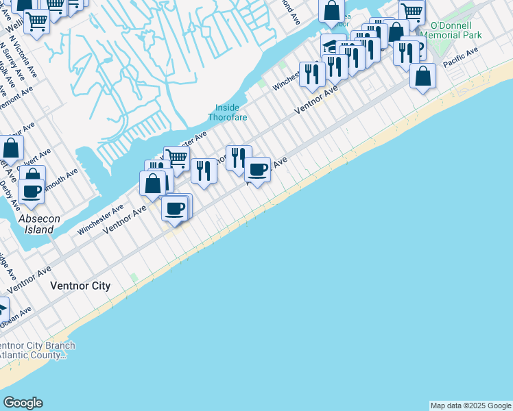 map of restaurants, bars, coffee shops, grocery stores, and more near 107 South Baton Rouge Avenue in Ventnor City