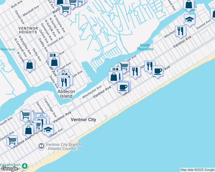 map of restaurants, bars, coffee shops, grocery stores, and more near 1 North Victoria Avenue in Ventnor City