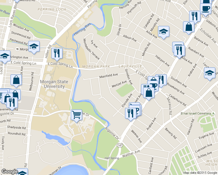 map of restaurants, bars, coffee shops, grocery stores, and more near Montebello Terrace & Weitzel Ave in Baltimore
