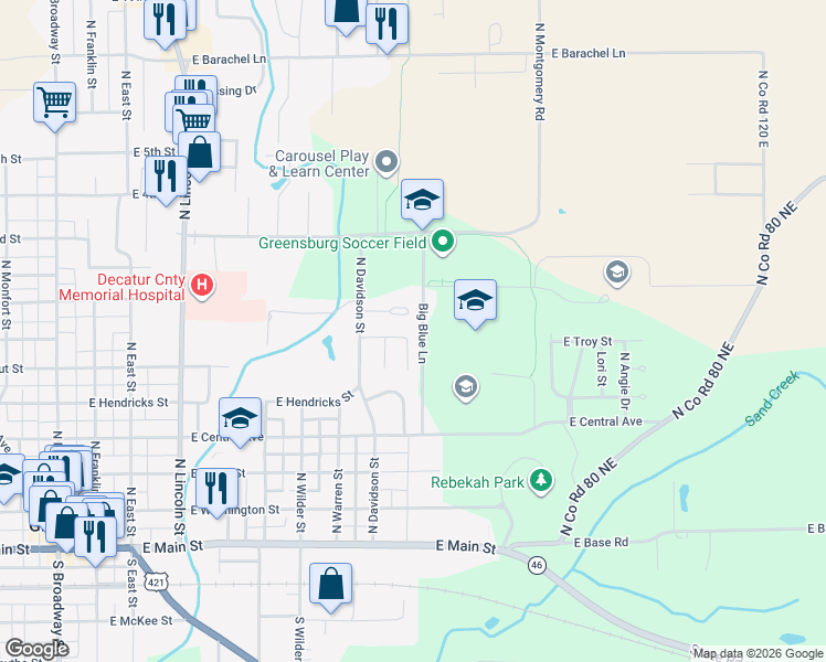 map of restaurants, bars, coffee shops, grocery stores, and more near 922 East Edward Court in Greensburg