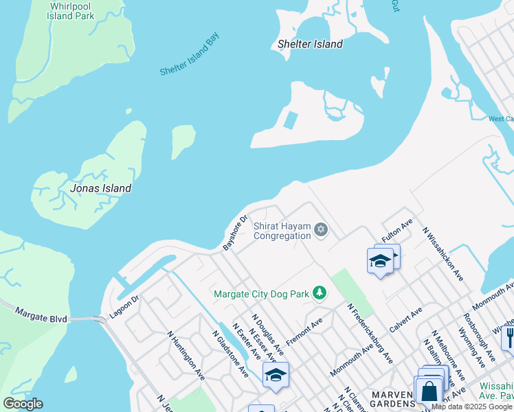 map of restaurants, bars, coffee shops, grocery stores, and more near 7503 Bayshore Drive in Margate City