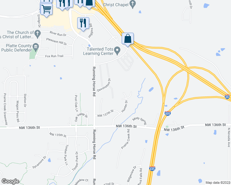 map of restaurants, bars, coffee shops, grocery stores, and more near 3303 Kempton Court in Platte City