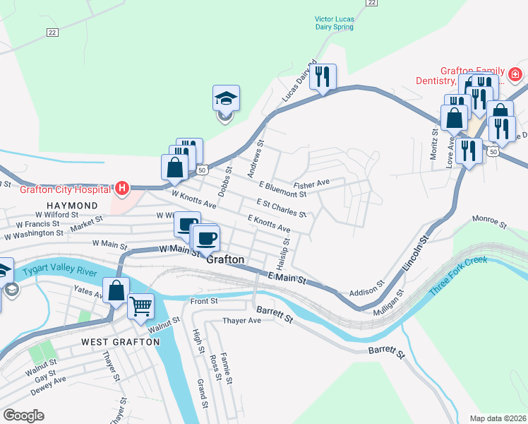 map of restaurants, bars, coffee shops, grocery stores, and more near 127 East Pretence Street in Grafton