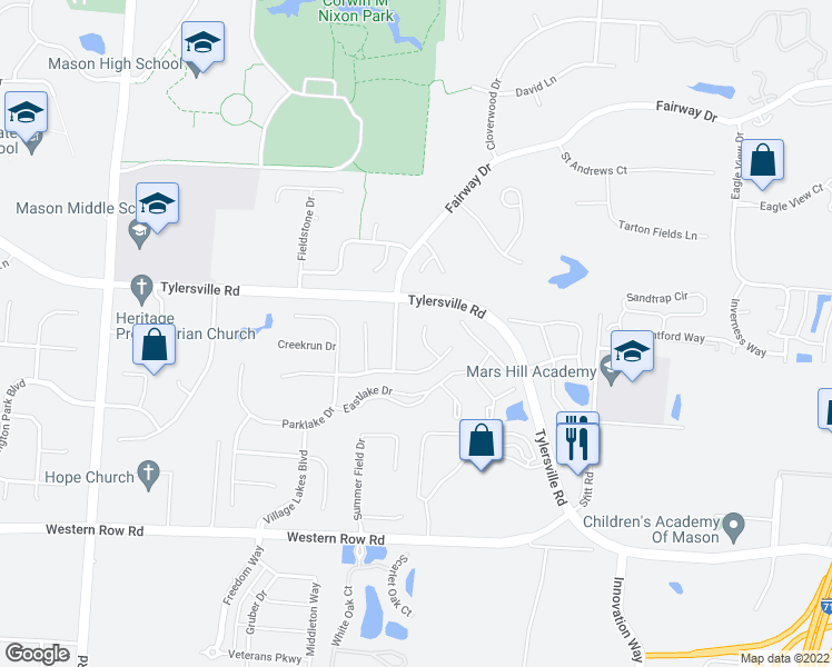 map of restaurants, bars, coffee shops, grocery stores, and more near 6541 Covefield Court in Mason