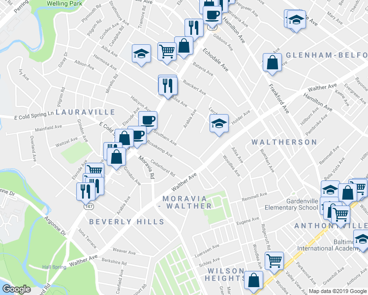 map of restaurants, bars, coffee shops, grocery stores, and more near 3202 Southern Avenue in Baltimore