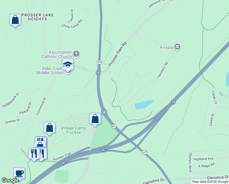 map of restaurants, bars, coffee shops, grocery stores, and more near 10175 Annies Loop in Truckee