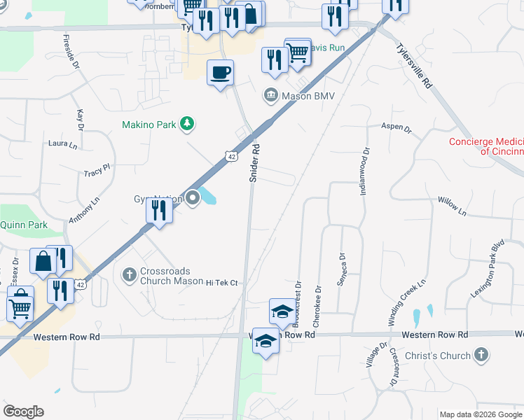 map of restaurants, bars, coffee shops, grocery stores, and more near 850 Snider Road in Mason