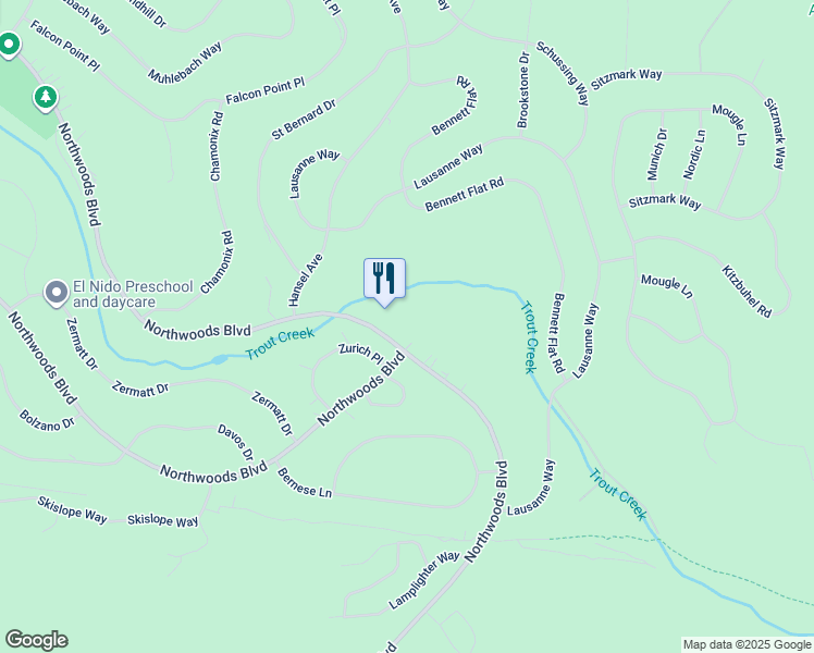 map of restaurants, bars, coffee shops, grocery stores, and more near 11457 Northwoods Boulevard in Truckee