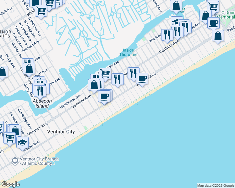 map of restaurants, bars, coffee shops, grocery stores, and more near 24 South Oakland Avenue in Ventnor City