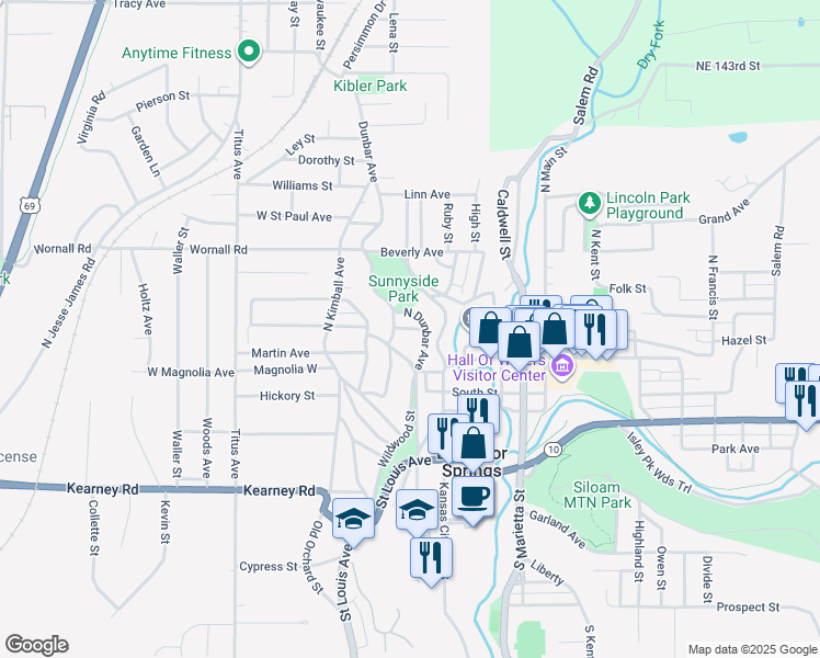 map of restaurants, bars, coffee shops, grocery stores, and more near 210 Dunbar Avenue in Excelsior Springs