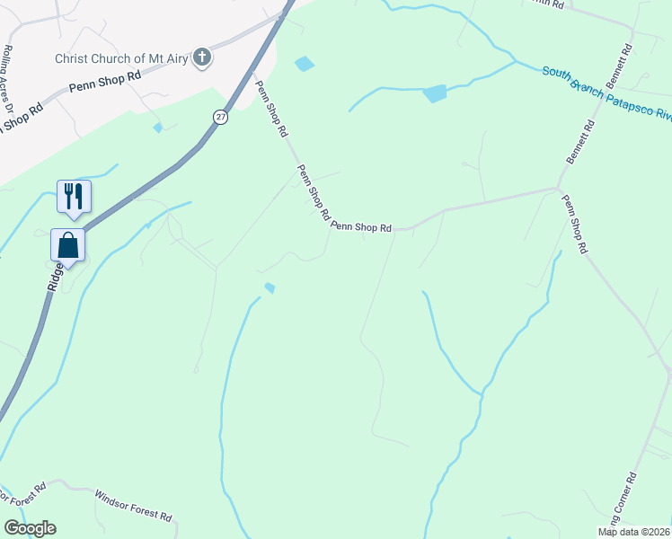 map of restaurants, bars, coffee shops, grocery stores, and more near 18729 Penn Shop Road in Mount Airy