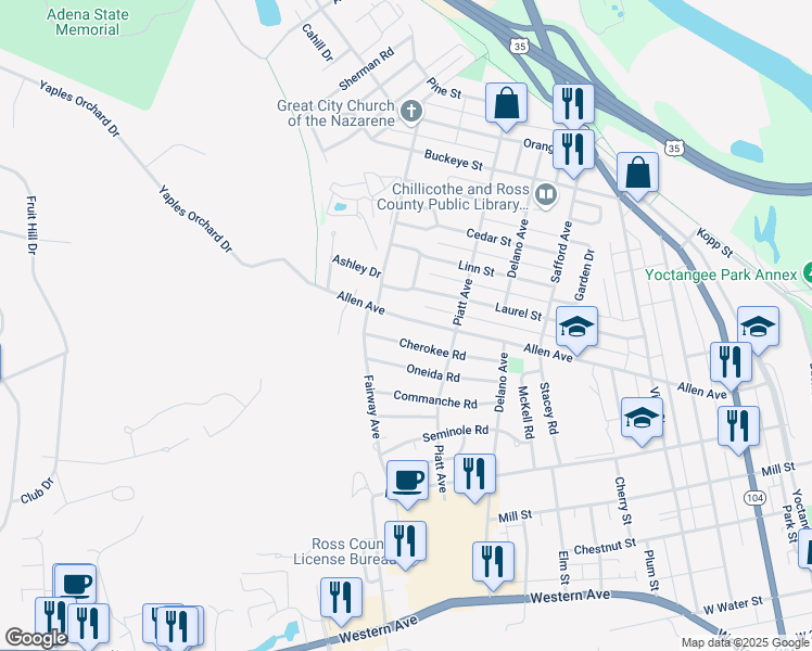 map of restaurants, bars, coffee shops, grocery stores, and more near 644 Allen Avenue in Chillicothe