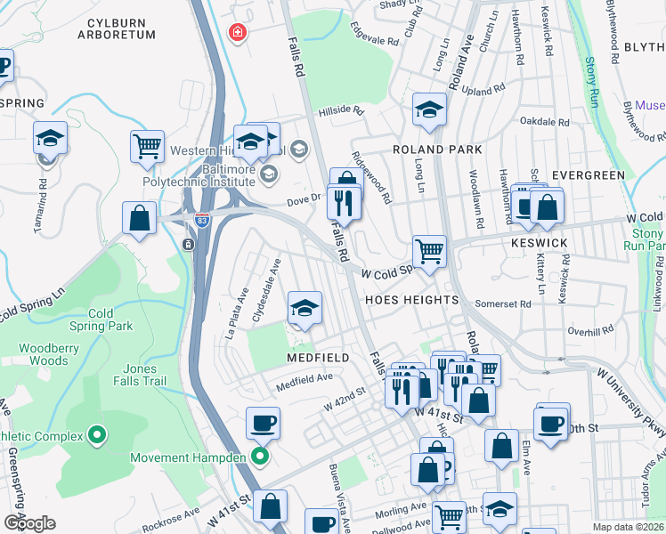 map of restaurants, bars, coffee shops, grocery stores, and more near 1209 West Old Cold Spring Lane in Baltimore