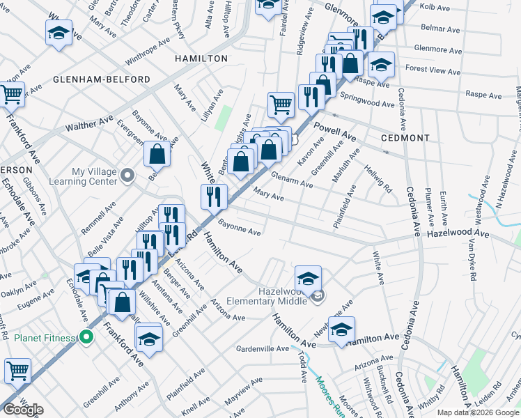 map of restaurants, bars, coffee shops, grocery stores, and more near 4216 White Avenue in Baltimore
