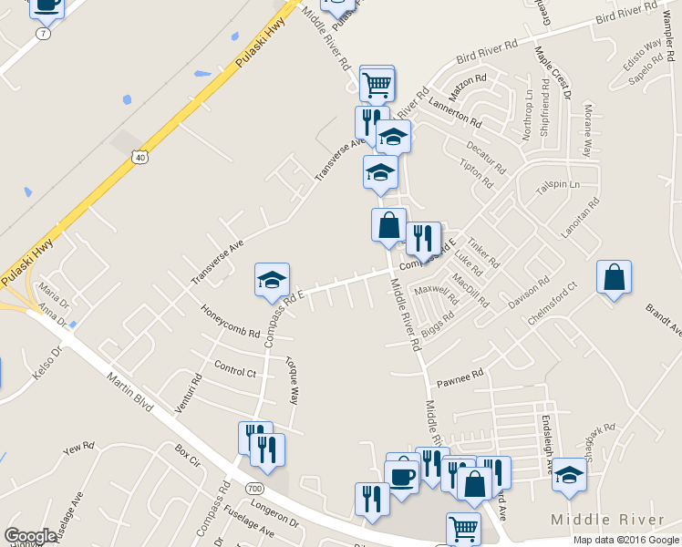 map of restaurants, bars, coffee shops, grocery stores, and more near 554 Compass Road East in Middle River