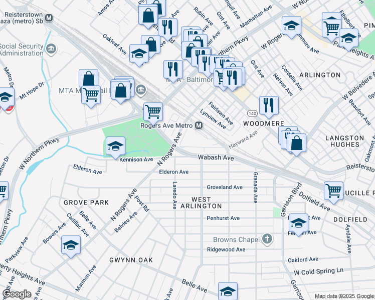 map of restaurants, bars, coffee shops, grocery stores, and more near 5417 Wabash Avenue in Baltimore
