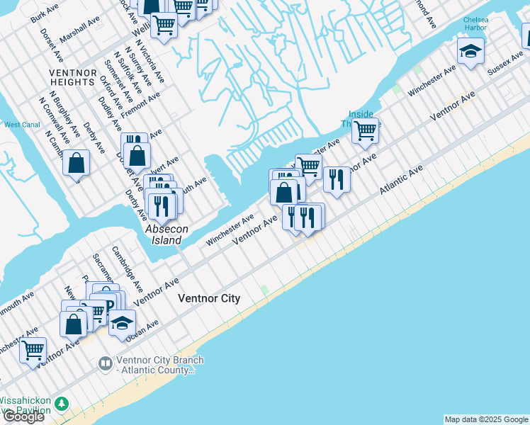 map of restaurants, bars, coffee shops, grocery stores, and more near 3 North Surrey Avenue in Ventnor City
