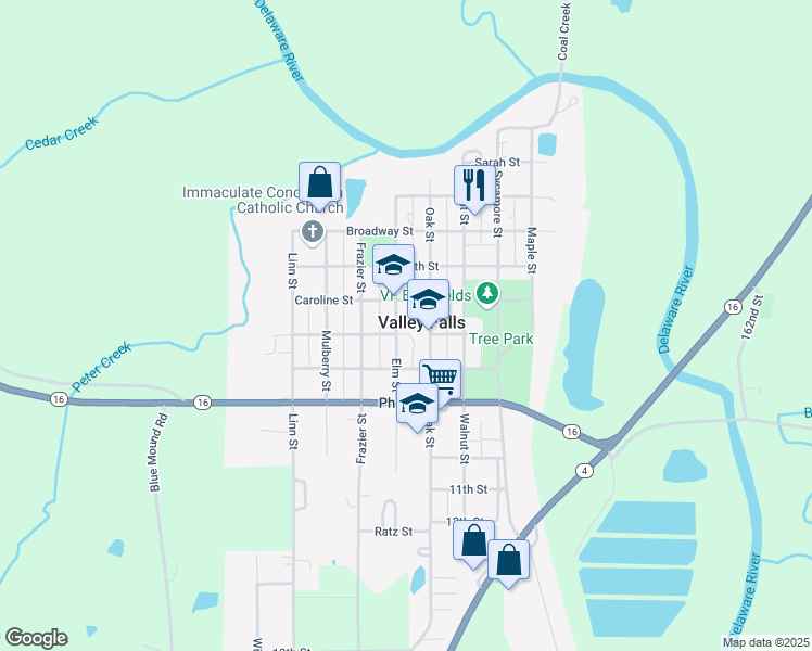 map of restaurants, bars, coffee shops, grocery stores, and more near 601 Elm Street in Valley Falls