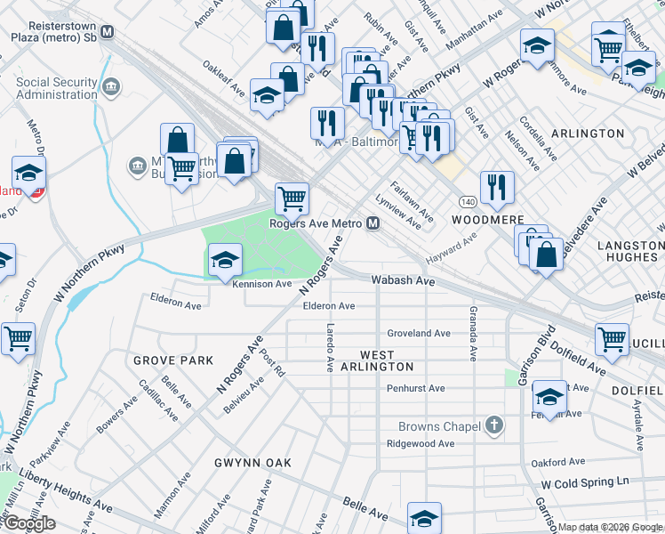 map of restaurants, bars, coffee shops, grocery stores, and more near 5500 Wabash Avenue in Baltimore