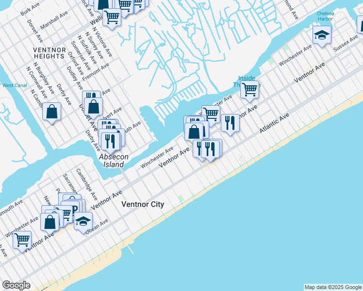 map of restaurants, bars, coffee shops, grocery stores, and more near 3 North Surrey Avenue in Ventnor City