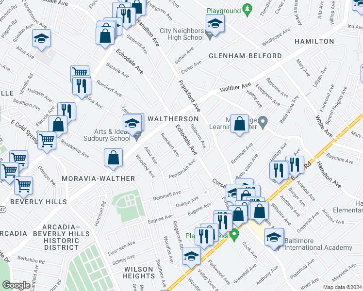 map of restaurants, bars, coffee shops, grocery stores, and more near 5113 Crosswood Avenue in Baltimore