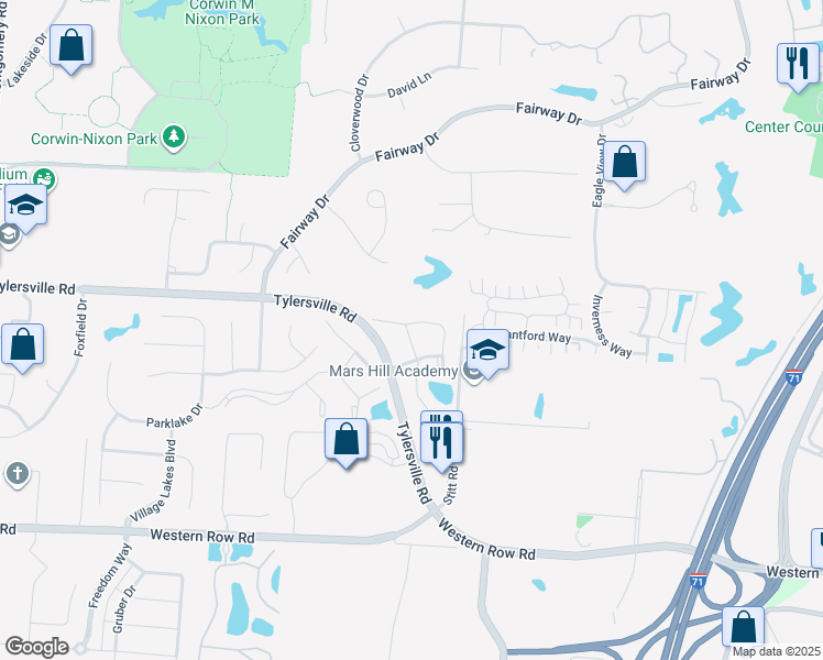 map of restaurants, bars, coffee shops, grocery stores, and more near 4212 Fieldsedge Drive in Mason