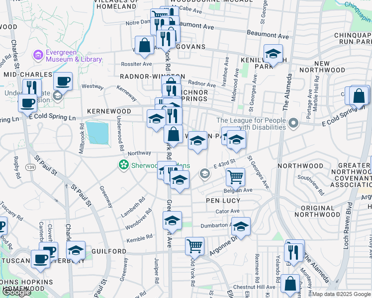 map of restaurants, bars, coffee shops, grocery stores, and more near 535 Oakland Avenue in Baltimore
