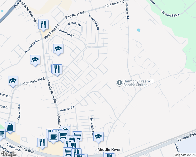 map of restaurants, bars, coffee shops, grocery stores, and more near 9729 Davison Road in Middle River
