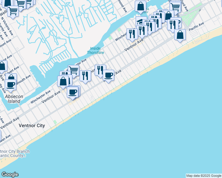 map of restaurants, bars, coffee shops, grocery stores, and more near 4800 Boardwalk in Ventnor City