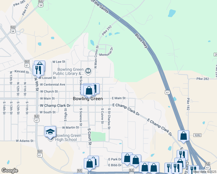 map of restaurants, bars, coffee shops, grocery stores, and more near 119 North Saint Charles Street in Bowling Green