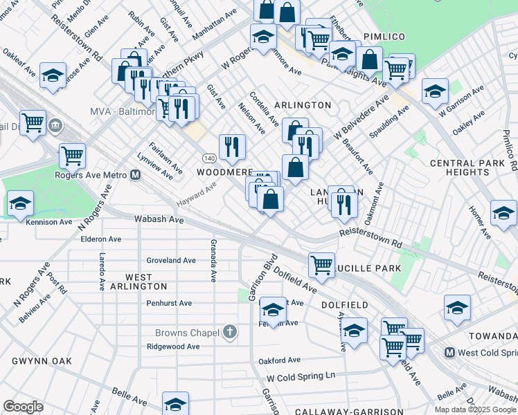 map of restaurants, bars, coffee shops, grocery stores, and more near 5224 Reisterstown Road in Baltimore