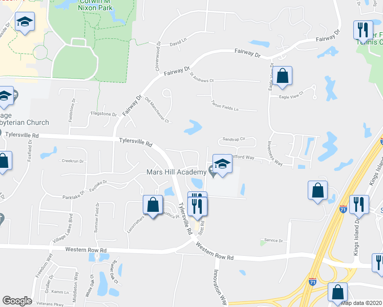 map of restaurants, bars, coffee shops, grocery stores, and more near 4163 Fieldsedge Drive in Mason