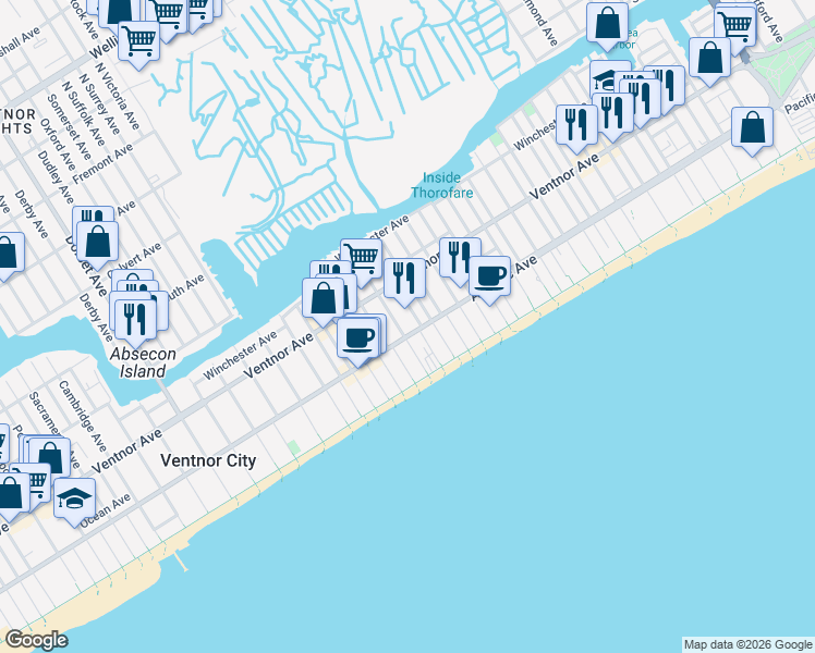 map of restaurants, bars, coffee shops, grocery stores, and more near 5007 Atlantic Avenue in Ventnor City