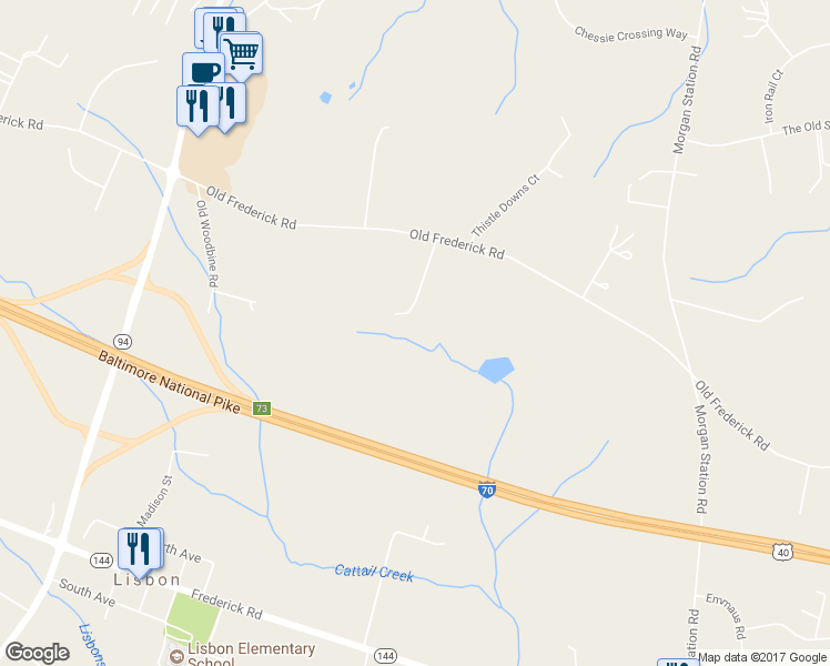map of restaurants, bars, coffee shops, grocery stores, and more near 15685 Old Frederick Road in Woodbine