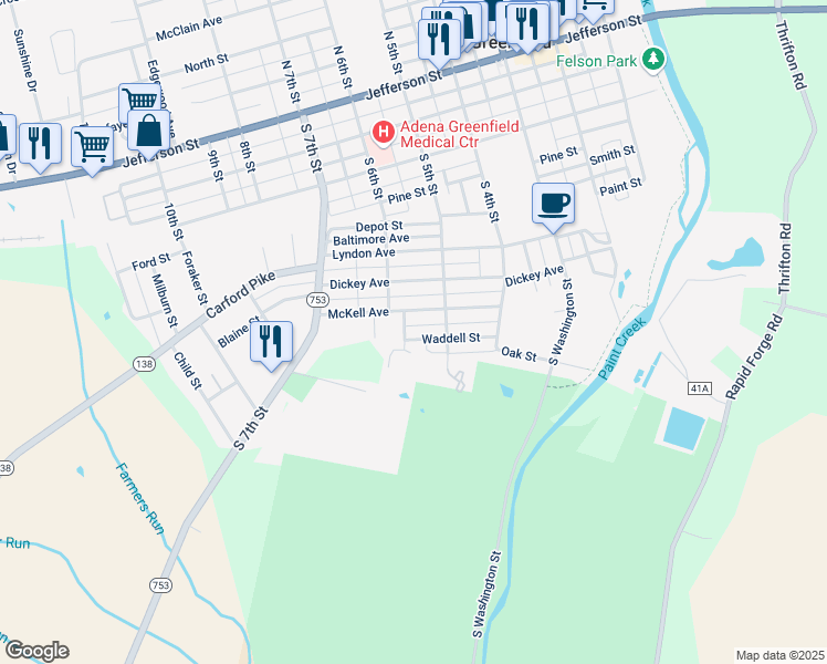 map of restaurants, bars, coffee shops, grocery stores, and more near 827 Waddell Street in Greenfield
