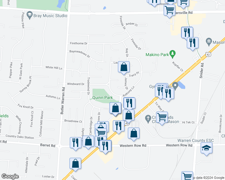map of restaurants, bars, coffee shops, grocery stores, and more near 1294 Anthony Lane in Mason