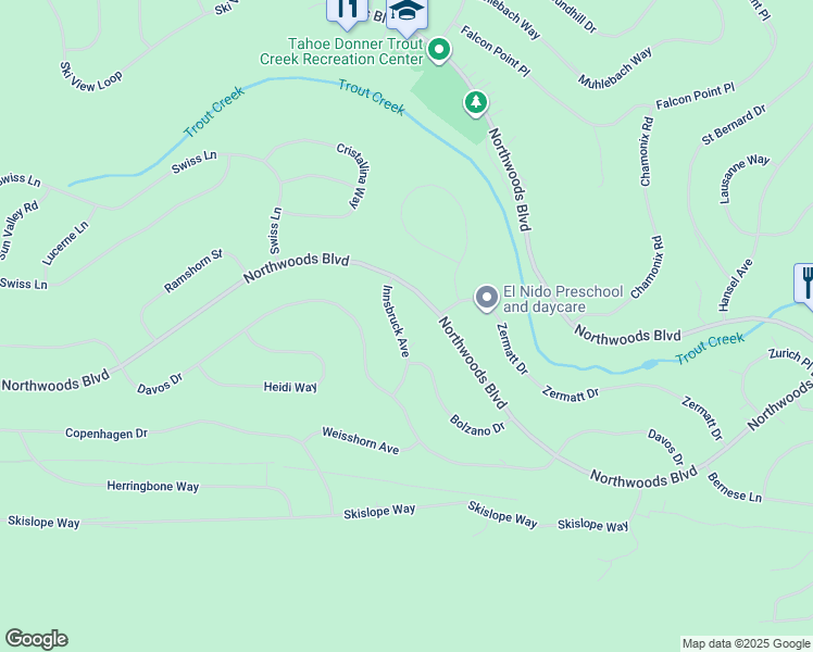 map of restaurants, bars, coffee shops, grocery stores, and more near 11055 Innsbruck Avenue in Truckee