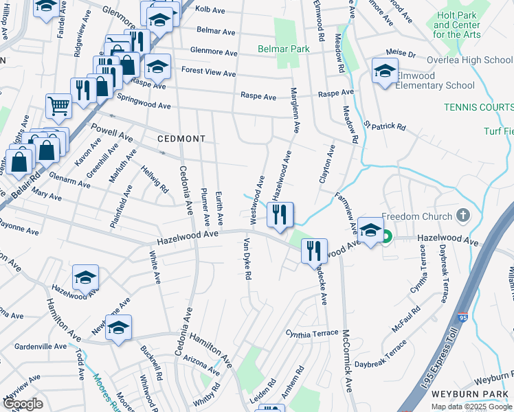 map of restaurants, bars, coffee shops, grocery stores, and more near 5817 Westwood Avenue in Baltimore