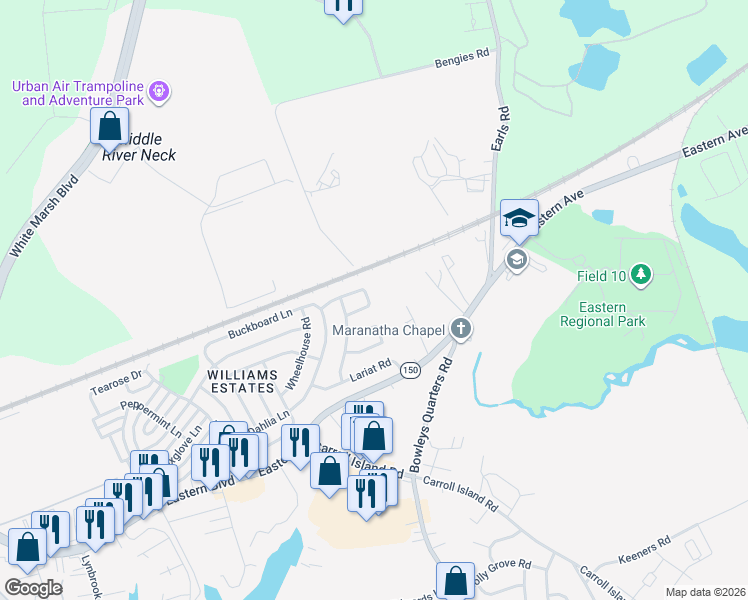 map of restaurants, bars, coffee shops, grocery stores, and more near 119 Rodeo Circle in Middle River