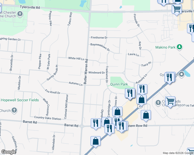 map of restaurants, bars, coffee shops, grocery stores, and more near 1446 Windsong Court in Mason