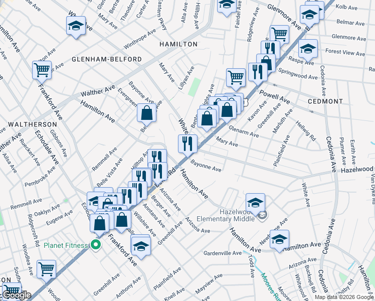 map of restaurants, bars, coffee shops, grocery stores, and more near 5724 Belair Road in Baltimore