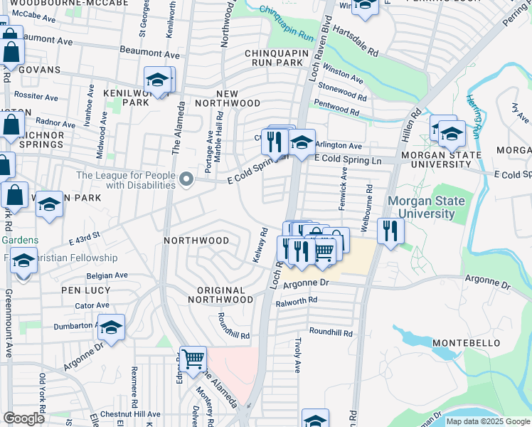 map of restaurants, bars, coffee shops, grocery stores, and more near 4319 Marble Hall Road in Baltimore